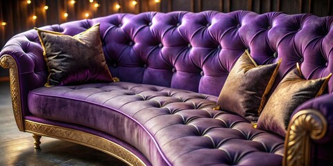 Obraz premium Royal Purple Velvet Sofa, Crescent Moon Backrest, Tilt-Shift Photography, Bronze Pleats, Golden Stars