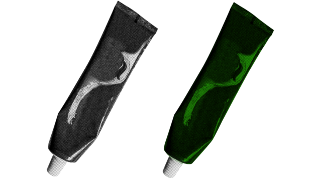 Toothpaste tube in halftone style illustration with a transparent background. Bold color and a retro, graphic print aesthetic. Ideal for poster and collage design element