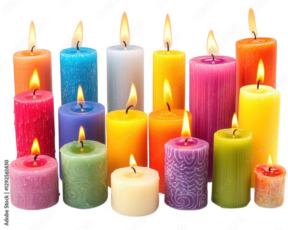 Poster colorful candles in various shapes and sizes create vibrant display, illuminating space with warm li