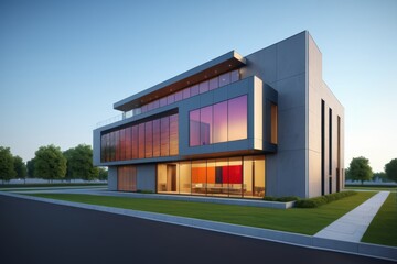 rendering of a modern house with a large glass window and a patio
