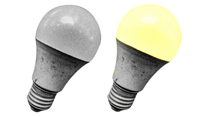 A light bulb in halftone style illustration with a transparent background. Bold color and a retro, graphic print aesthetic. Ideal for poster and collage design element