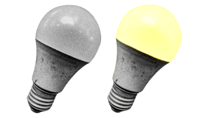 A light bulb in halftone style illustration with a transparent background. Bold color and a retro, graphic print aesthetic. Ideal for poster and collage design element