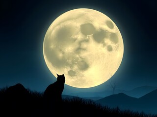  A serene landscape of a cat silhouette in front of a glowing full moon, casting soft shadows in the quiet night.