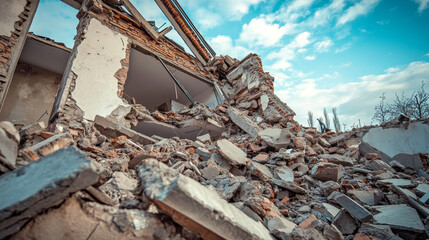 Fototapeta premium Destroyed building, damaged structure, consequences of a disaster, cataclysm or war, cartoon vector isolated illustration