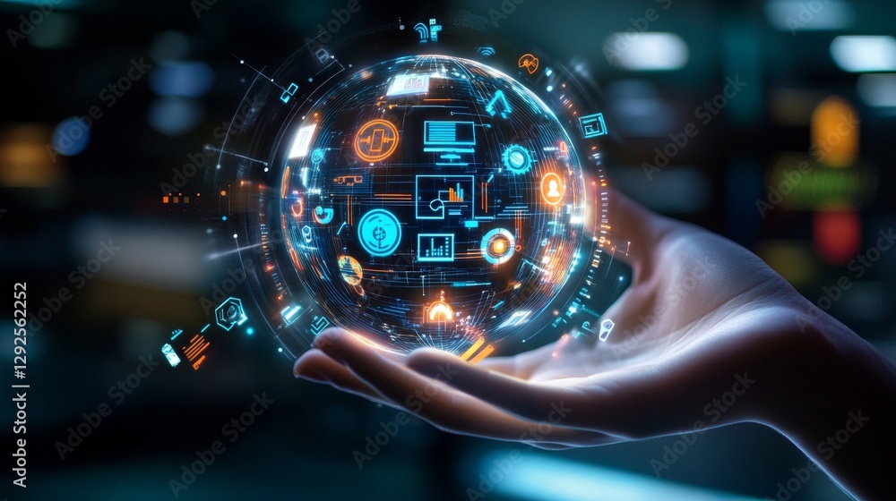 Poster innovative technology demonstration futuristic environment digital sphere high-tech presentation clo