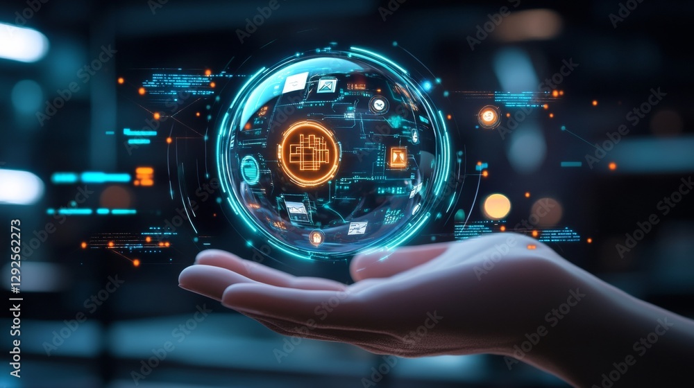 Poster innovative technological advancement demonstration virtual environment digital sphere futuristic des