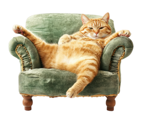 chubby cat lounging on tiny green chair, looking utterly relaxed and content. This adorable feline exudes sense of comfort and tranquility
