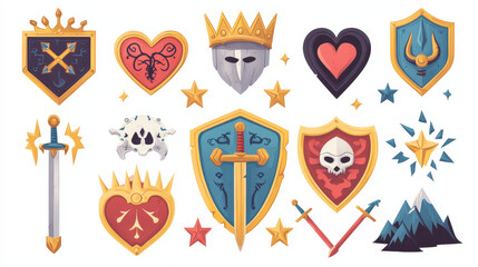 Set fantasy game shields isolated on background. Vector cartoon illustration of ancient knight armor with golden moon, stars, crown, heart, dagger, lightning, mountains, swords, viking hat, skull icon