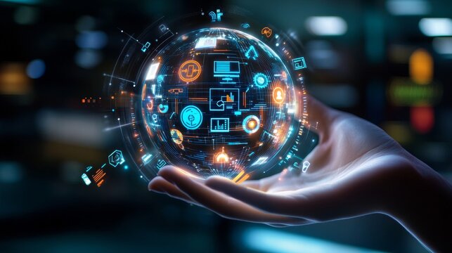 Innovative technology demonstration futuristic environment digital sphere high-tech presentation close-up perspective concept of connectivity and data visualization - Powered by Adobe