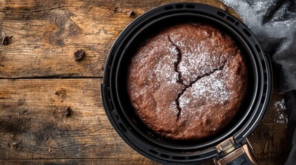 Deliciously Baked Chocolate Cake with Powdered Sugar Top on Rustic Wooden Table in Air Fryer