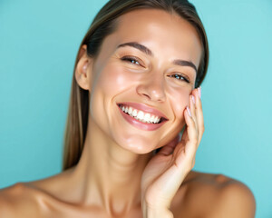 Close-Up of a Smiling Woman with Glowing, Radiant Skin, Soft Natural Lighting, Pastel Blue Background, Fresh and Minimalist Aesthetic, Beauty and Skincare Concept, Self-Care and Wellness Inspiration