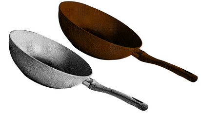 A Frying Pan in halftone style illustration with a transparent background. Bold color and a retro, graphic print aesthetic. Ideal for poster and collage design element