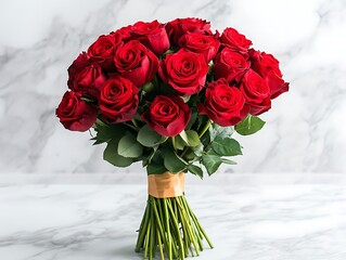 Red roses bouquet, marble background, romantic gift