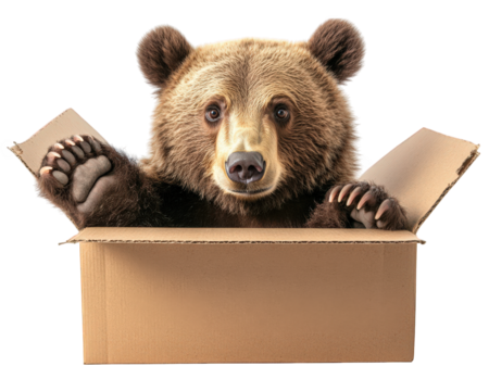 bear looking puzzled while trying to fit into tiny box, showcasing its playful nature and curiosity. This amusing scene captures essence of unexpected moments in wildlife