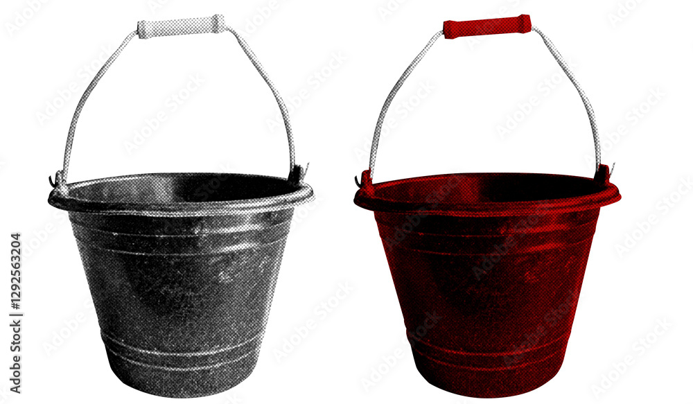 Poster a bucket in halftone style illustration with a transparent background. bold color and a retro, graph
