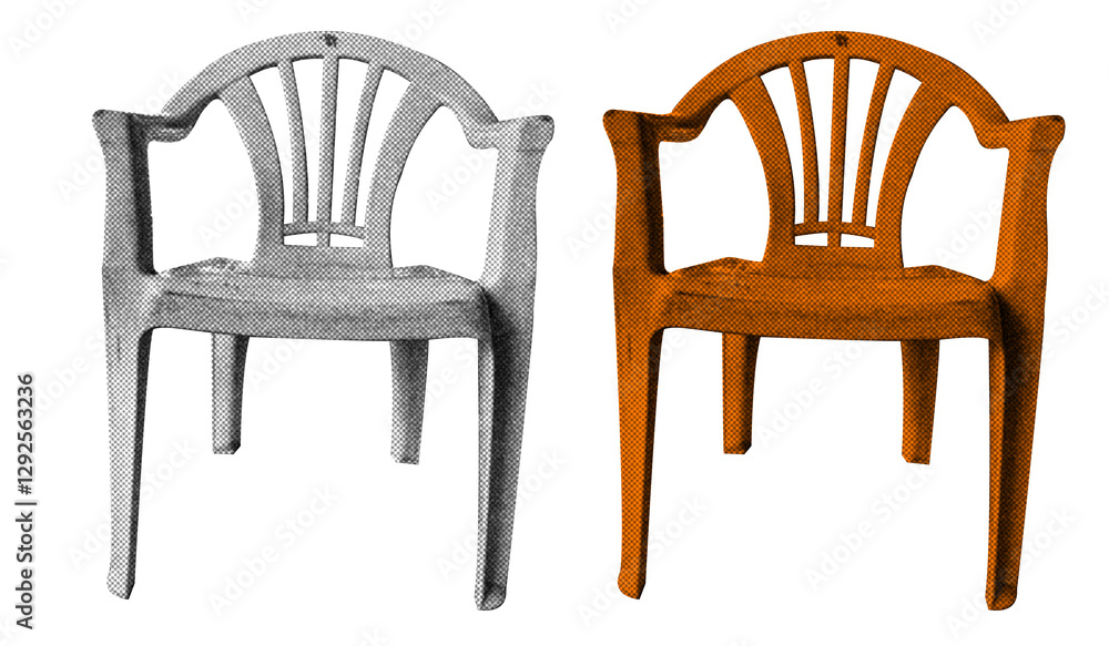 Poster plastic chair in halftone style illustration with a transparent background. bold color and a retro, 