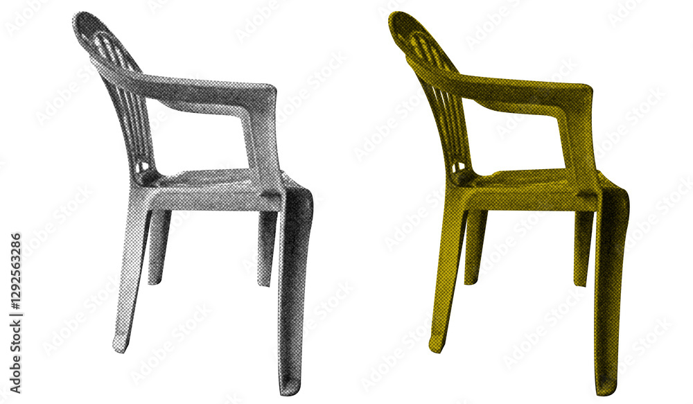 Poster plastic chair in halftone style illustration with a transparent background. bold color and a retro, 