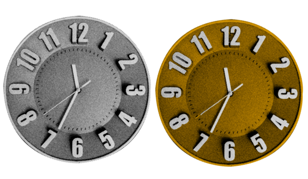 Wall Clock in halftone style illustration with a transparent background. Bold color and a retro, graphic print aesthetic. Ideal for poster and collage design element