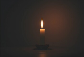 A candle with a flickering flame in a dim environment. Warm light casts soft shadows, creating a calm and intimate atmosphere. A minimalist composition emphasizing warmth, tranquility, and relaxation.