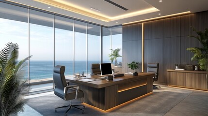Modern office setup with ocean view coastal city interior design sleek environment bright daylight productivity concept