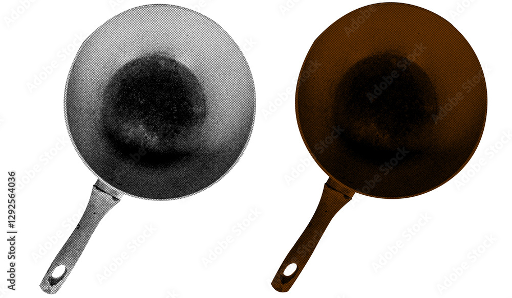 Poster a frying pan in halftone style illustration with a transparent background. bold color and a retro, g