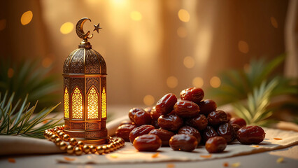 Dates with Arabic Lantern, Luxurious Ramadan Decoration, Fresh and Juicy Middle Eastern Dates, Organic Gourmet Food for Islamic Festivities and Advertising Purposes
