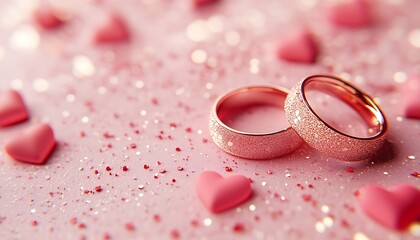 Rose gold rings, hearts, glitter. Valentine's Day