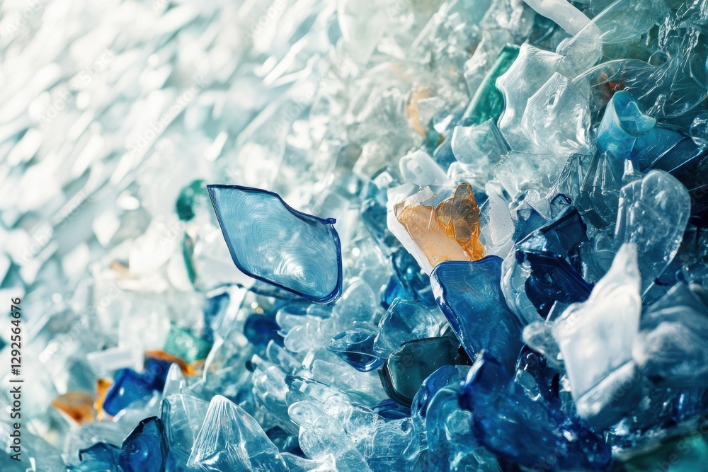Poster close up view of colorful plastic fragments in ocean waves highlighting marine pollution in coastal 