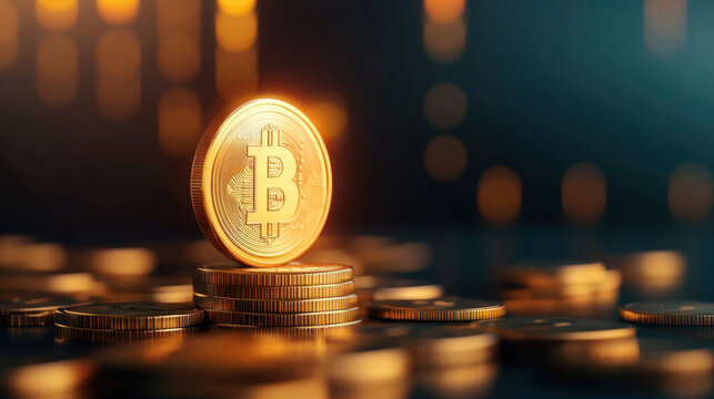 golden Bitcoin coin stands prominently among pile of coins, symbolizing cryptocurrency wealth and investment opportunities. background features soft glow, enhancing digital currency allure