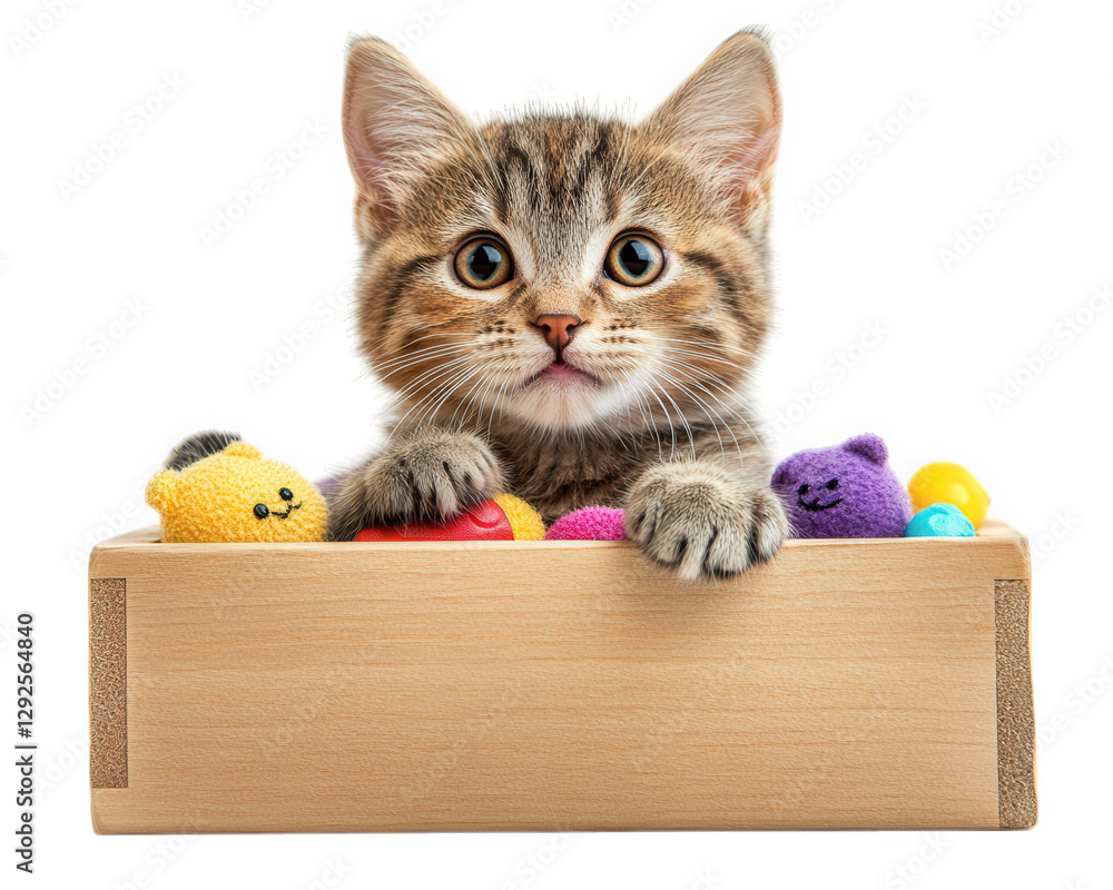 Poster playful cat with curious expression peeks out from toy box filled with colorful toys, creating delig