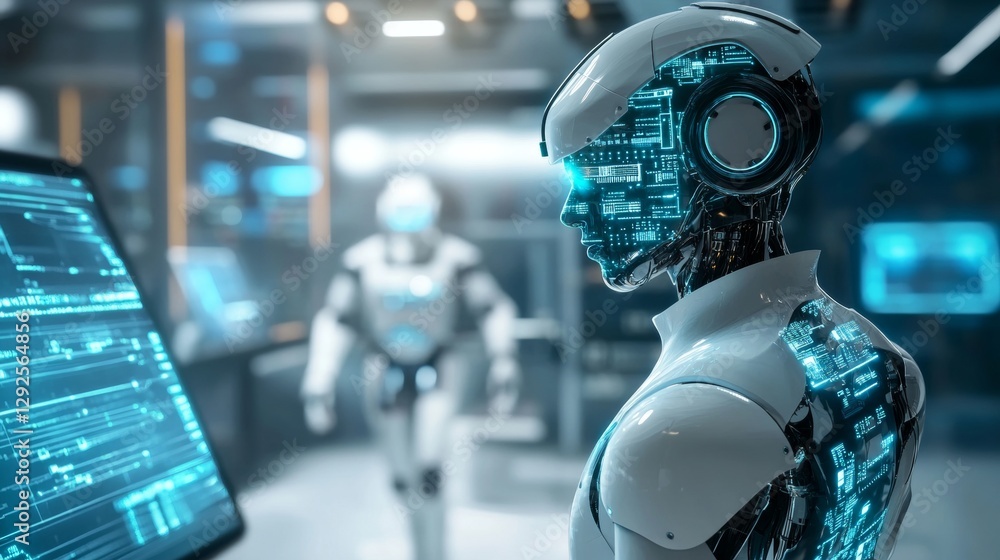 Poster robotic innovation showcase advanced ai technology futuristic lab digital art high-tech environment 