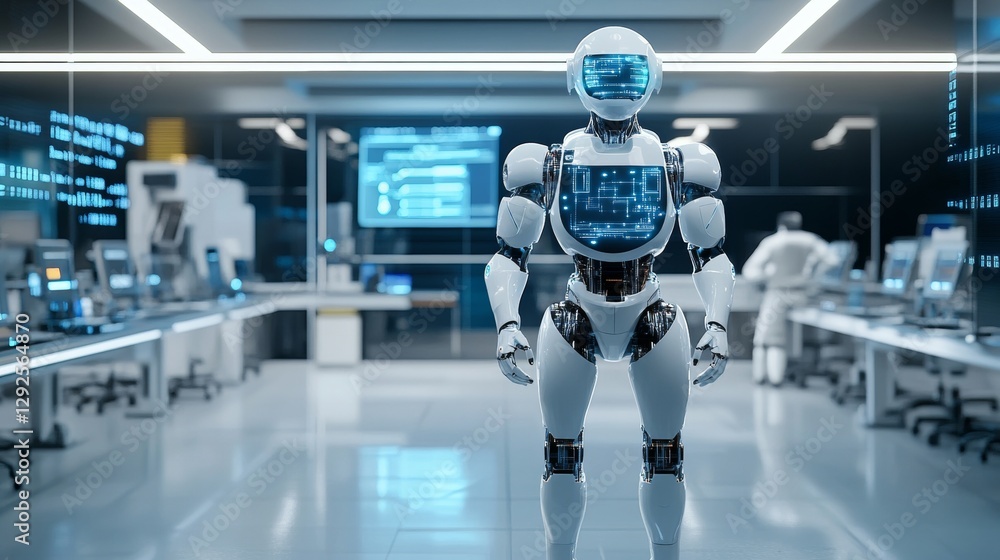 Poster innovative robot technology revolutionizes automation in high-tech laboratories futuristic environme