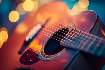 Obraz premium Detailed close up of an acoustic guitar beautifully showcased against a vibrant colored background