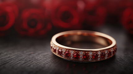 stunning premium ring adorned with red gemstones and diamonds, resting on dark surface with red roses in background, evokes sense of elegance and romance