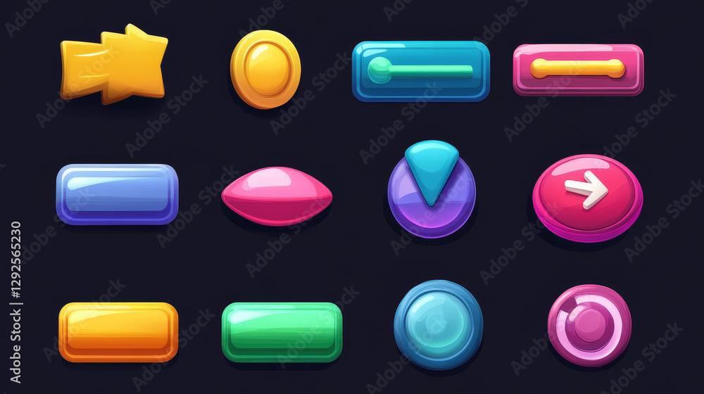Aufkleber game ui loading progress bars vector set, cartoon interface design elements. status and resources sc