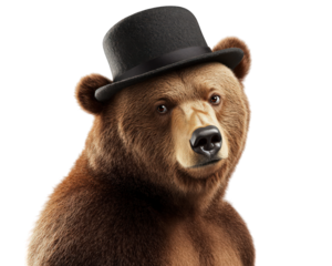 bear with silly expression wearing bowler hat, exuding charm and whimsy. This playful animal captures attention with its unique style and personality