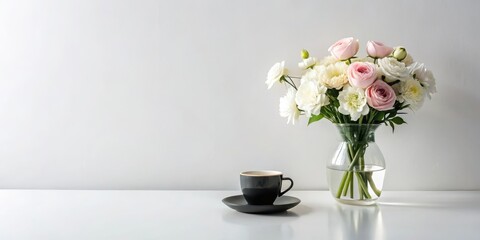 Serene Still Life A Bouquet of Delicate Blooms in a Glass Vase, Accompanied by a Dark Coffee Cup on a Pristine White Surface