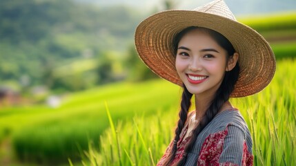 Beautiful lady travelling at the Paddy field