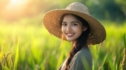 Beautiful lady travelling at the Paddy field