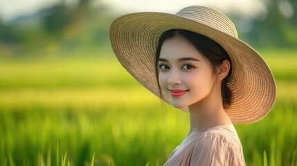 Beautiful lady travelling at the Paddy field