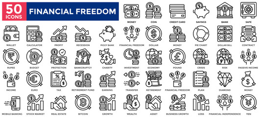 Financial Freedom icon collection set.Containing asset, investment, passive income, money, wealth, profit, savings, income, earning icon.Simple line vector illustration.	