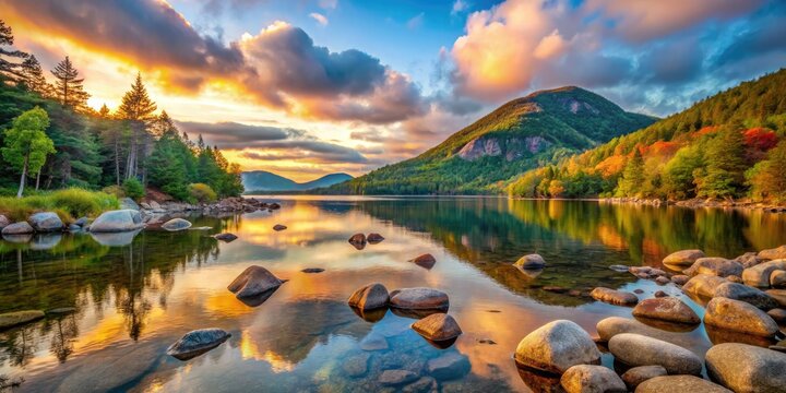 Jordan Pond's sunrise/sunset casts a magical glow on Acadia's serene landscape.