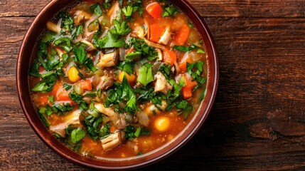 Hearty chicken vegetable soup in bowl, wooden background
