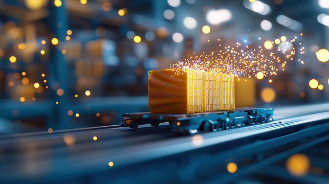 digital supply chain interface projects 3D holographic image of cargo container on rail system, surrounded by glowing particles, symbolizing innovation and efficiency