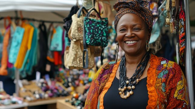 Woman smiles at market stall, colorful clothing and accessories displayed. Possible use stock photo for online retailer or cultural event