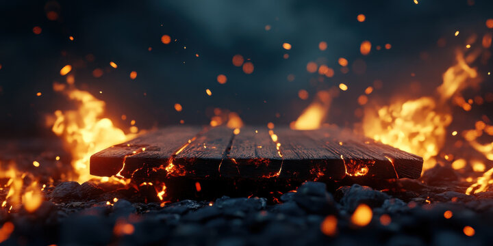 cinematic close up of burning wooden platform surrounded by flames and sparks, creating dramatic and intense atmosphere. glowing embers and fiery backdrop enhance visual impact