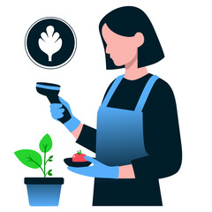 A woman in an apron holds a scanner, indicating a focus on food or plant-related tasks.