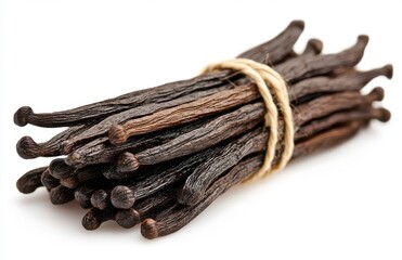 A Bunch of Freshly Harvested Vanilla Pods Tied Together with Natural Twine on a Clean White Background