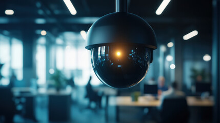 close up of high tech surveillance camera in modern office environment, capturing essence of security and technology. camera lens reflects workspace, emphasizing its role in monitoring