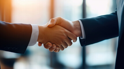Close up of two men in suits shaking hands, symbolizing agreement and partnership in professional setting. warm lighting adds positive atmosphere